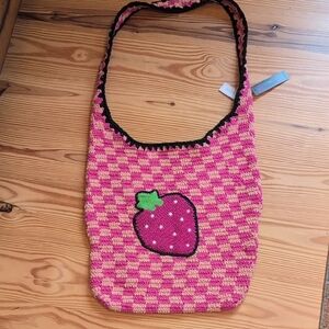Pink and Yellow Checkered Knit Bag with Strawberry Design